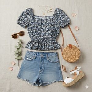 Moa Moa Blue Floral Smocked Blouse